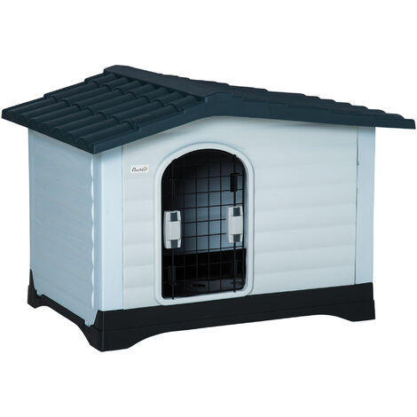 Niche chien style cottage dim. 91L x 69l x 66H cm petite porte grillagée + grande porte latérale verrouillable PP blanc gris noir - Blanc