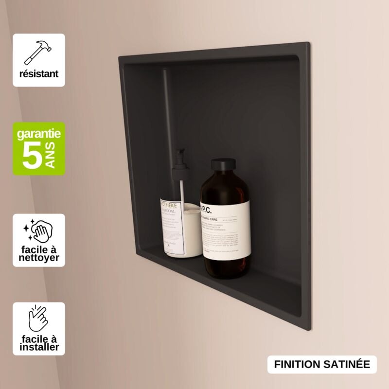 Niche de Douche, Rangement mural de Salle de Bain et Douche 30x30cm Noir Satiné, NOOK by SANIZÉO