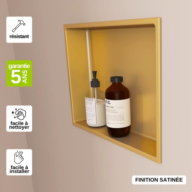 Niche de Douche, Rangement mural de Salle de Bain et Douche 30x30cm Or Satiné, nook by sanizéo