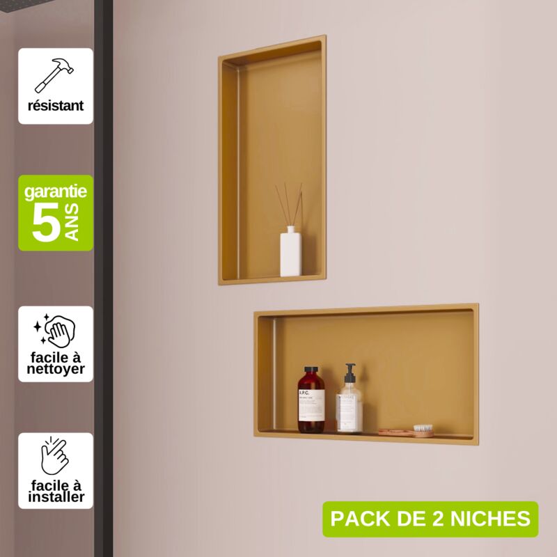 Lot de 2 Niches de Douche, Rangement mural de Salle de Bain et Douche 30x60cm Or Satiné, nook by sanizéo