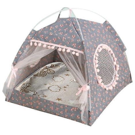 Niche douillette pour chat, tente maison intérieure rose à fleurs grises, assemblage facile, taille L pour petits à grands chats.