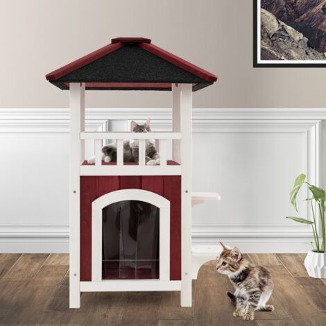 Niche en Bois Toit en Asphalte Balcon Maison pour Chat Rideau de Pluie Plates formes de Saut Intérieur Extérieur Rouge