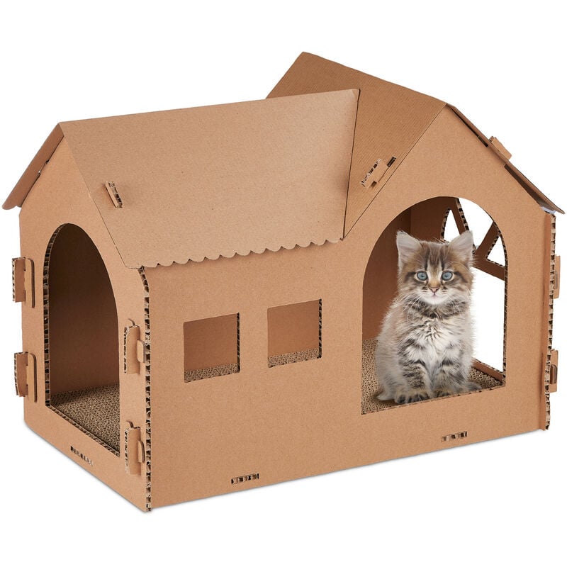 Relaxdays - Niche en carton pour votre chat, avec griffoir, à construire, herbe aux chats incluse, 36x49x29 cm, marron