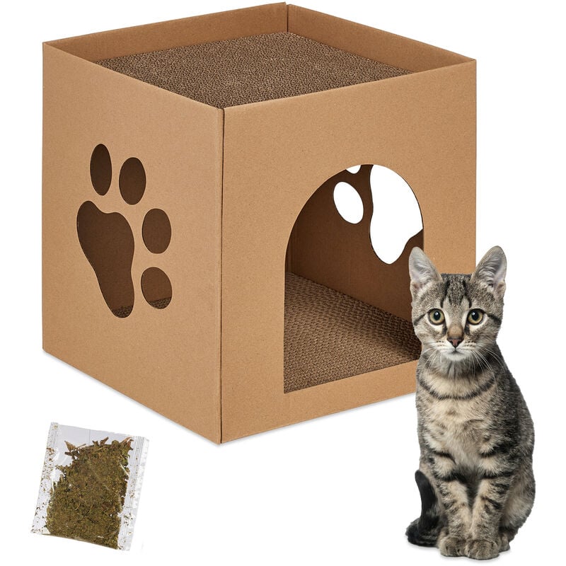 Niche en carton pour votre chat, avec griffoirs, à construire, herbe aux chats incluse, 30x30x30,5 cm, marron - Relaxdays