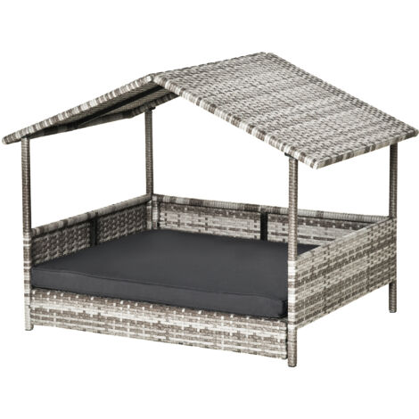 Niche en rotin pour chien avec coussin structure acier maison chien intérieur extérieur 69x98x70 cm gris