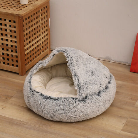 Niche et igloo pour chat 2-en-1 rond en peluche chat chien canapé-lit hiver chaud chat chat petit chien nid de couchage mignon moelleux doux nid antidérapant bas lit - Gris Taille S