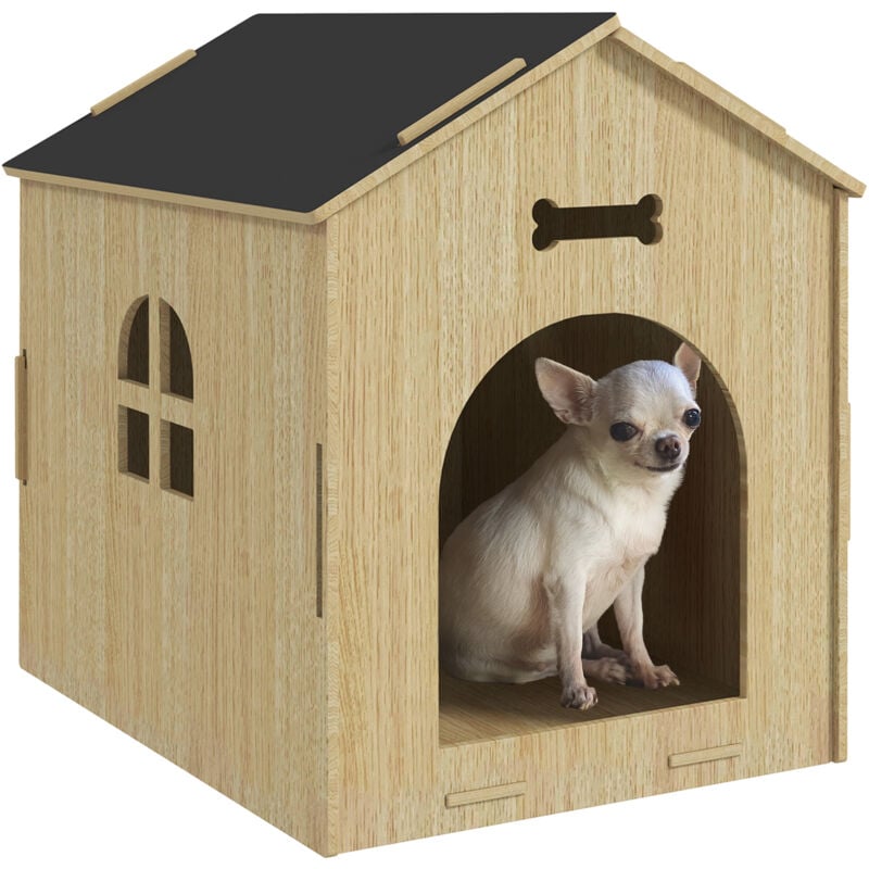 Pawhut - Niche intérieure en kit motif os - niche en bois intérieur - pour petits chiens - grande entrée, fenêtre - effet bois noir