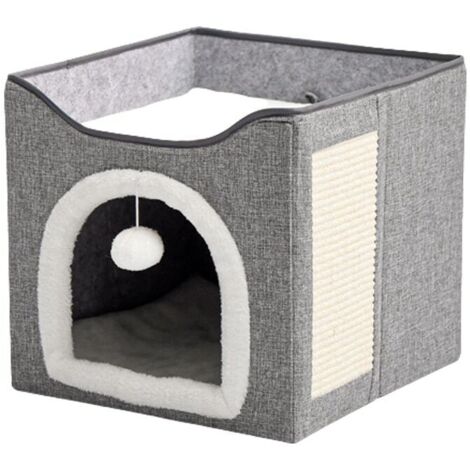 Niche pour chat double couche, pliable, douce et moelleuse, respirante, légère, matériau MDF/velours/lin, gris foncé/blanc