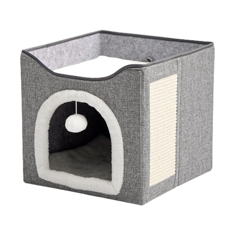 Jusch - Niche pour chat double couche, pliable, douce et moelleuse, respirante, légère, matériau MDF/velours/lin, gris foncé/blanc