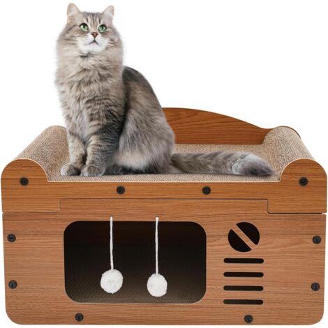 Niche pour chat en carton avec tapis à gratter et balles en peluche, grande taille, lit pour chat avec auvent incurvé, ouvertures ventilées, 56 x 30 x 32 cm, Maison pour Chat pour intérieur/extérieur