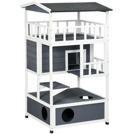 Niche pour chats avec toilettes 4 étages cabane balcon villa escalier toit asphalte bois massif gris 78x76x140cm