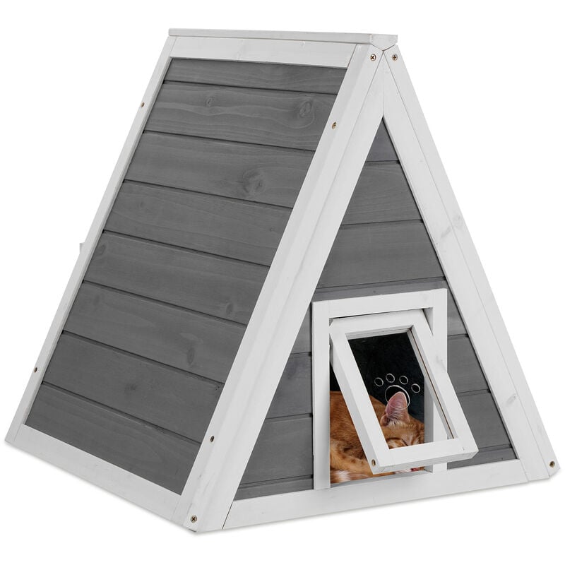 Niche pour chats, résistante aux intempéries, bois, HxLxP: 54 x 52 x 64 cm, 2 entrées, toit pointu, gris/blanc - Relaxdays