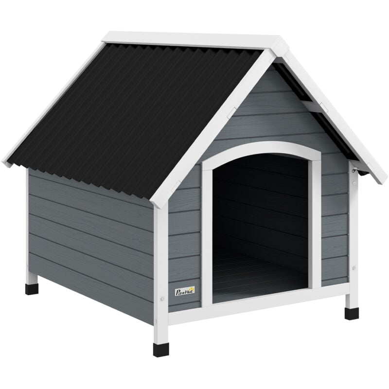 Pawhut - Niche pour chien design chalet sur pied - toit double pente, plancher amovible - plastique noir bois blanc gris