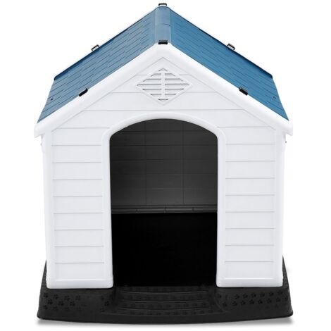 Niche pour Chien en PP avec Toit Bleu+Blanc Imperméable et Ventilé-Bouche d’Aération et Plancher Surélever 87,7x78,5x81,5CM Taill M