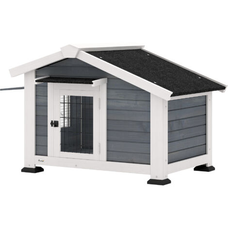 Niche surélevée pour chien extérieur, abri jardin avec plancher amovible, auvent et toit imperméable, 98x76x69,5 cm, gris