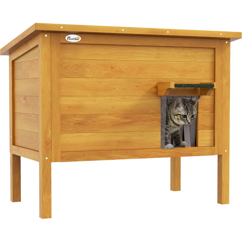 Pawhut - Maison lodge sur pied - niche villa chat - toit ouvrant bitumé, porte extérieure/intérieure - bois sapin pré-huilé