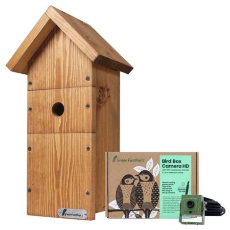 Nichoir avec caméra Wi-Fi – Kit complet en bois fait main – Vision nocturne – Application pour iOS et Android – Enregistrement détection mouvement – Green Feathers