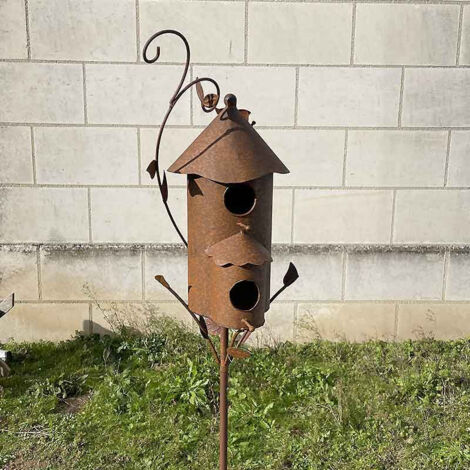 Nichoir cabane oiseaux fer rouille 23x2x160cm