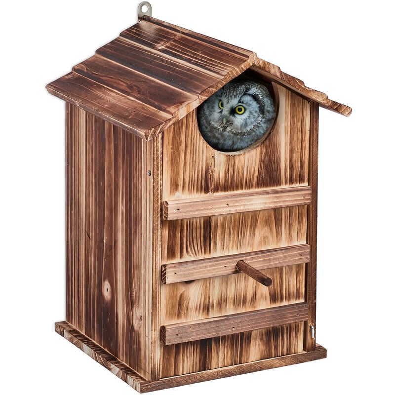 Nichoir d'extérieur pour chouettes, bois de sapin, porte inclinable, trou d'envol hl 9,5 x 9,5 cm, nature - Relaxdays
