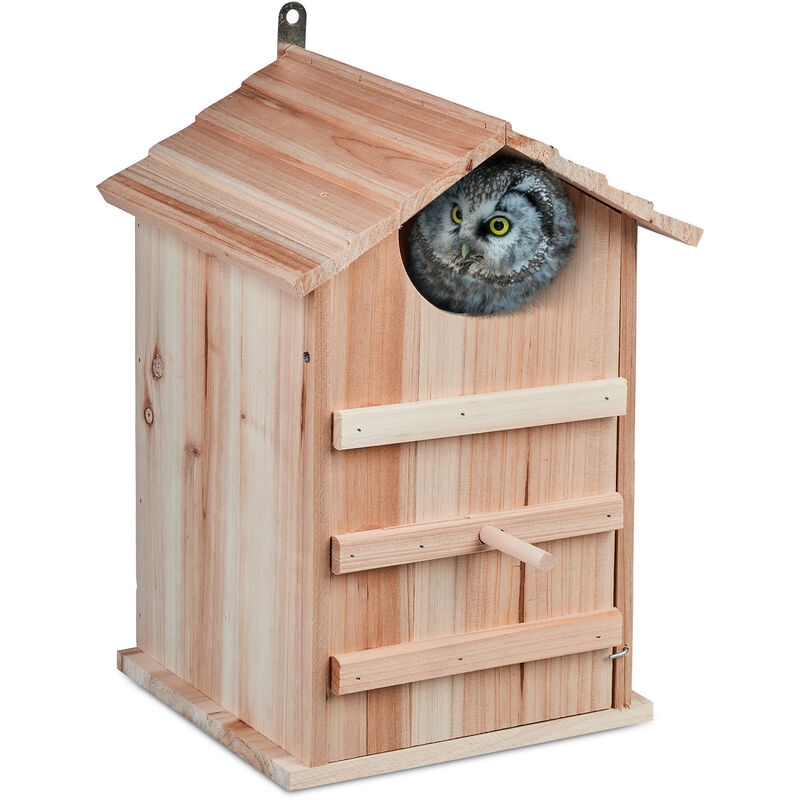 Nichoir d'extérieur pour chouettes, bois de sapin, porte inclinable, trou d'envol hl 9,5 x 9,5 cm, nature - Relaxdays