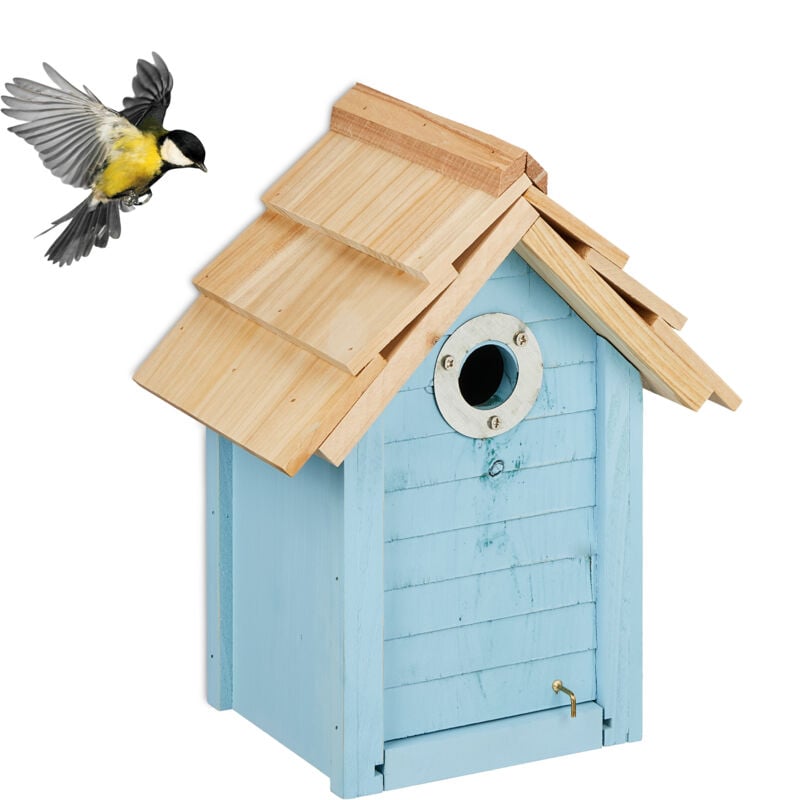 relaxdays - nichoir d'extérieur pour oiseaux, trou d'envol : 27 mm, trappe, à suspendre, bois de sapin, bleu/nature