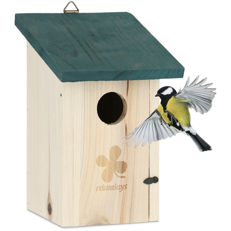 Relaxdays Nichoir d’extérieur pour oiseaux, diamètre du trou d’envol : 35 mm, mésanges/moineaux, accrocher, nature/vert