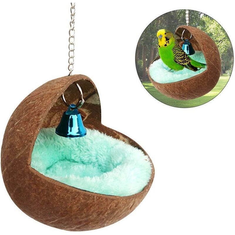 Nichoir en noix de coco naturelle pour animal dômestique, perroquet, perruche, calopsitte, conure, canari, pinson, colombe, hamster, rat, gerbille,