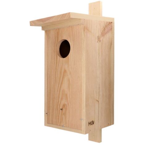 Nichoir grand trou d'envol 85 mm – Fixation sécurisée à arbre – Bois de pin – Ouverture frontale pour nettoyage facile – MKW