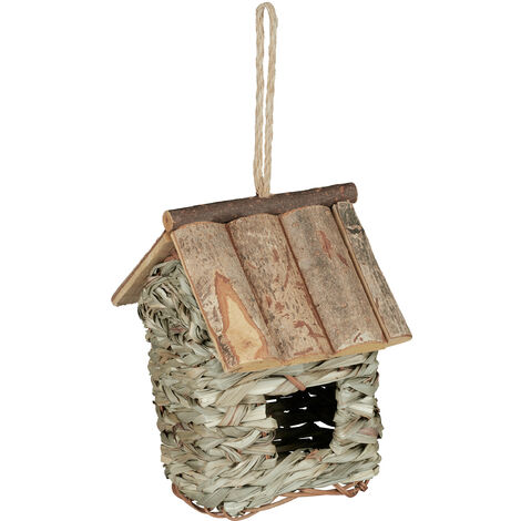 Relaxdays Nichoir à oiseaux en bois, maison oiseaux à suspendre, mésanges,  Trou entrée Ø 3,2 cm, 26x12x14,5 cm, nature