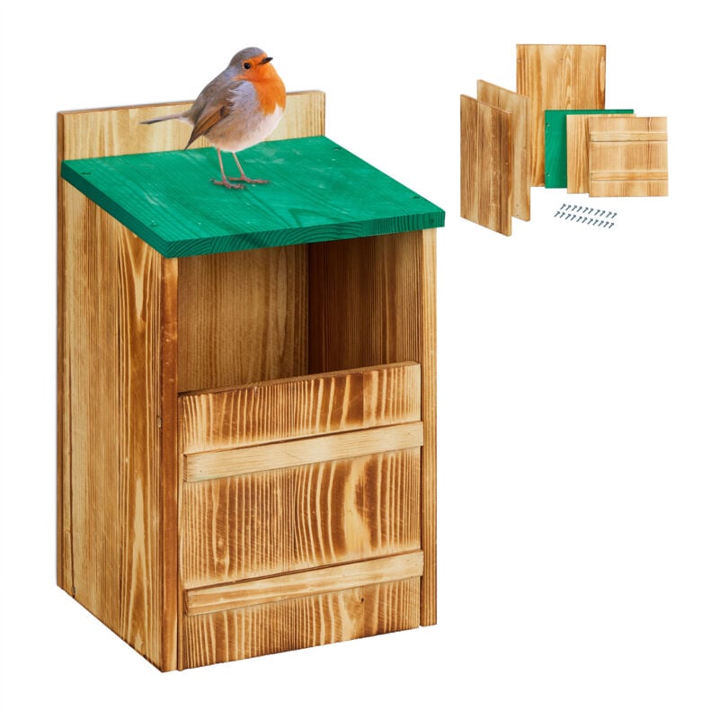 relaxdays - nichoir d'extérieur pour oiseaux semi-cavernicoles, à assembler soi-même, fente d'envol 10x19 cm, nature/vert