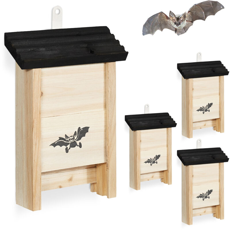 Relaxdays Abri pour chauves-souris, lot de 4, bois non traité, H x L x P 25 x 18 x 6 cm, naturel/noir