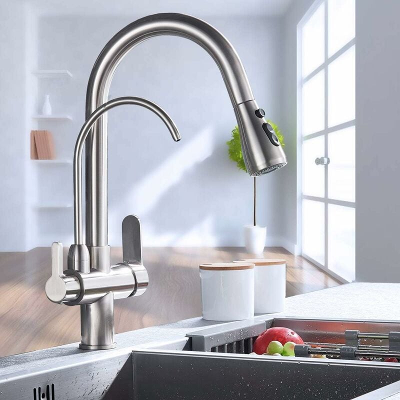 Suguword - Robinet Cuisine Pivotant à 360° 3 voies Mitigeur de Cuisine et 2 Poignée Douchette Extractible de Cuisine eau chaude et froide évier