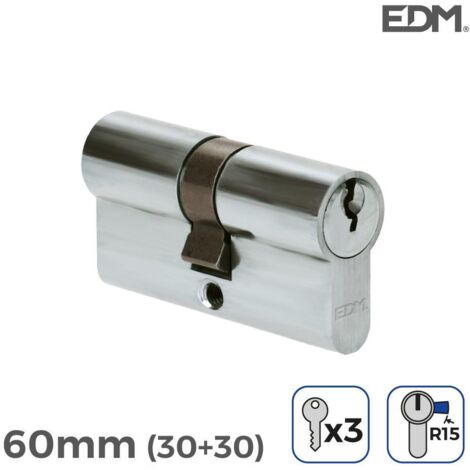 Nickelzylinder, 60 mm (30 + 30 mm), langer Nocken R15 mit 3 gezahnten Schlüsseln, inklusive EDM