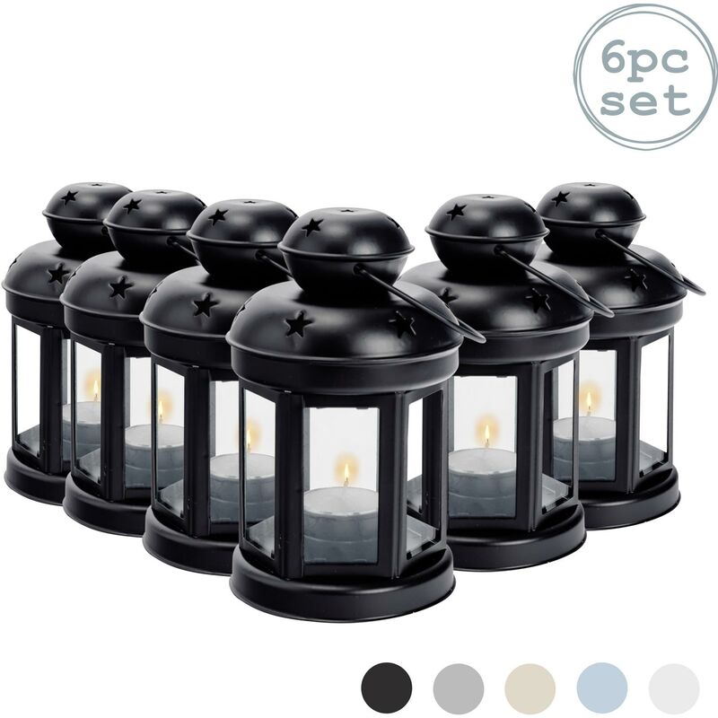 Nicola Spring Metal Hanging Tealight Lanterns - 16cm - Black - Pack of 6