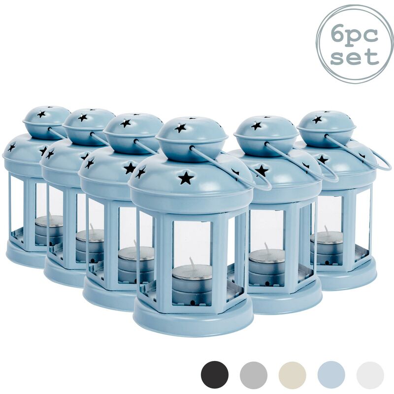 Metal Hanging Tealight Lanterns - 16cm - Blue - Pack of 6 - Nicola Spring