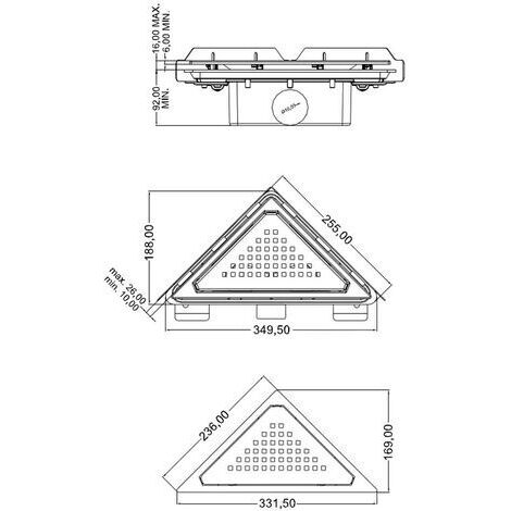 Nicoll – Siphon de douche d'angle – Garde d'eau 50 mm – Débit 0,66 l/s – Sortie Ø 40 mm femelle – Hauteur réglable 92-160 mm – Inox 304