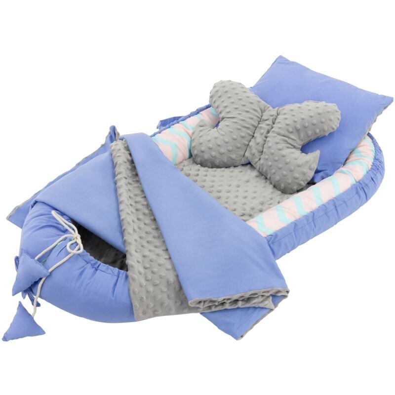 Joyz Nid de Bébé 5 Pièces, Baleine - Minky Bleu, 90x50 cm, en Coton, Couverture Douillette, Coussin et Doublure Amovible, Cocon de Bébé Portable, Lit