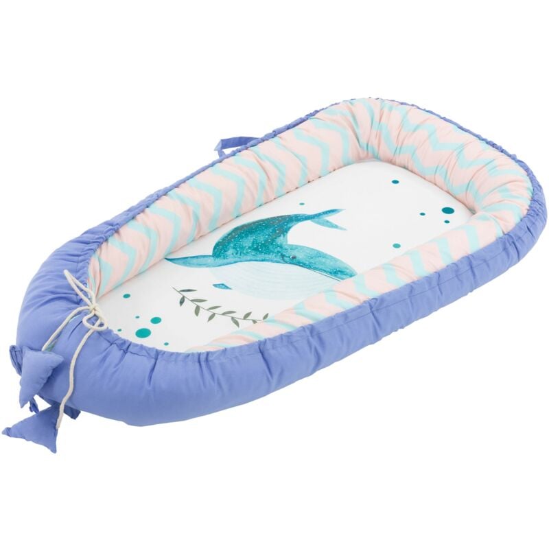 Joyz - Nid de Bébé, Baleine-Minky Bleu Foncé, 90x50 cm, 100% Coton, Couverture Douillette, 2 Faces, Housse Amovible, Cocon Bébé Portable,