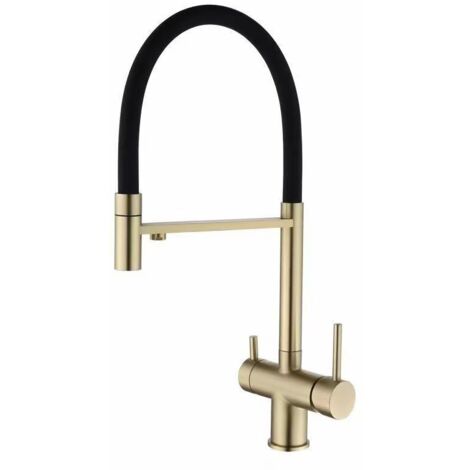 [NIE BENUTZT]Küchenarmatur aus Messing mit Wasserfilter, Wasserhahn mit Doppelauslauf zur Trinkwasserfiltration, 360-Grad-Drehung, sauberer Waschhahn (gebürstetes Gold)