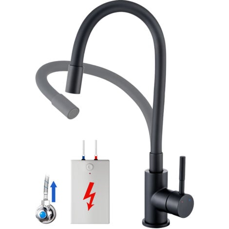 AURALUM Niederdruck flexibler Wasserhahn Küche Armatur, 360° schwenkbare Küchenmischbatterien, Einhebelmischer für Kaltwasser und einen Wasserboiler konzipiert, Schwarz