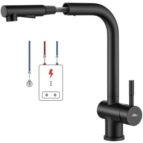 KAIBOR Niederdruck Küchenarmatur Ausziehbar 360° Drehbar, Wasserhahn Küche Ausziehbar aus Edelstahl, Spültischarmatur Einhebelmischer für Küche Schwarz