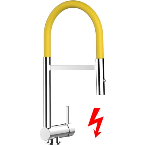 NIEDERDRUCK Unterfenster Wasserhahn Vorfenster Umklappbar 6 CM Verchromt Kuechenarmatur mit 360 schwenkbarem Gelb Auslauf und abnehmbare 2 strahl Handbrause