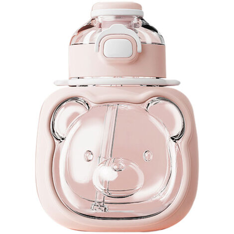 Niedliche, auslaufsichere Trinkflasche mit Strohhalm, geruchsneutral und ungiftig, ideal für Reisen und Outdoor-Aktivitäten, rosa mit Trageband