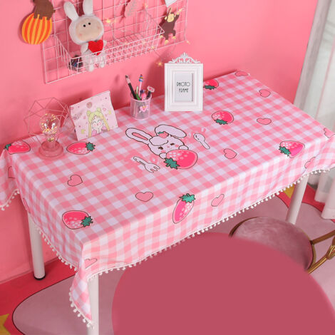 Niedliche Cartoon-Tischdecke für Mädchen mit Erdbeeren und Kaninchen, 100 x 150 cm, ideal für Schülerinnen und als Tischdekoration