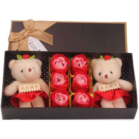 Niedliche Geschenkbox in Form eines künstlichen Seifenbären und einer Blume, für Valentinstag, Muttertag, Hochzeitsdekoration (rot)