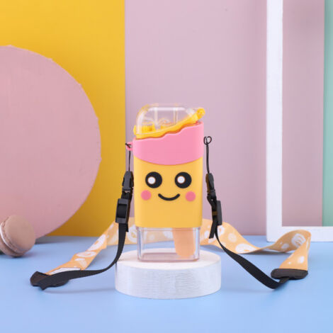 Niedliche, tragbare Wasserflasche mit großem Fassungsvermögen, Strohhalm und Trageschlaufe, ideal für Studenten, 301 ml–400 ml