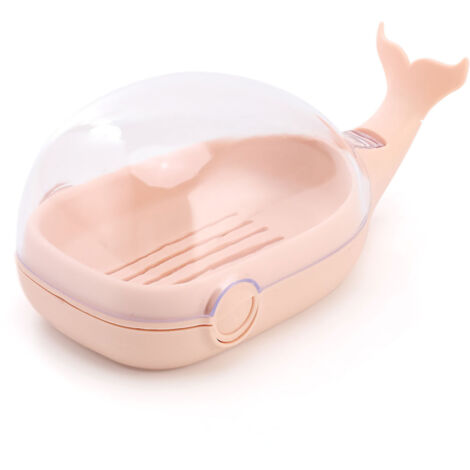 Niedliche, walförmige, doppelwandige Seifenschale mit Klappdeckel, auslaufsicher mit Abfluss fürs Badezimmer, Rosa