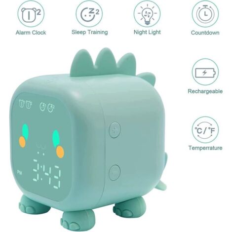 Niedlicher Kinderwecker, multifunktional, verstellbares Nachtlicht, Countdown-Timer, Schlummerfunktion, Sprachsteuerung, wiederaufladbar (Grün)