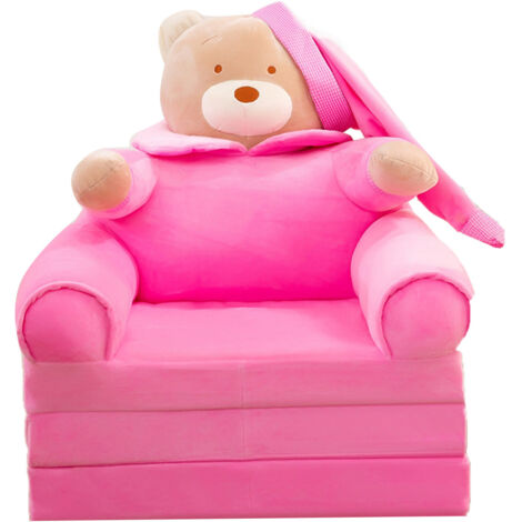 Niedliches, faltbares Plüsch-Kindersofa mit Armlehnen – 3-lagiges rosa Bären-Schlafsofa für Mädchen- und Jungenzimmer