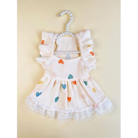 Niedliches Hundekleid mit Herzchenmuster, Rüschenkleid im Prinzessinnenstil, Katzenwestenkleid, Sommerkleid mit Spitzenbesatz